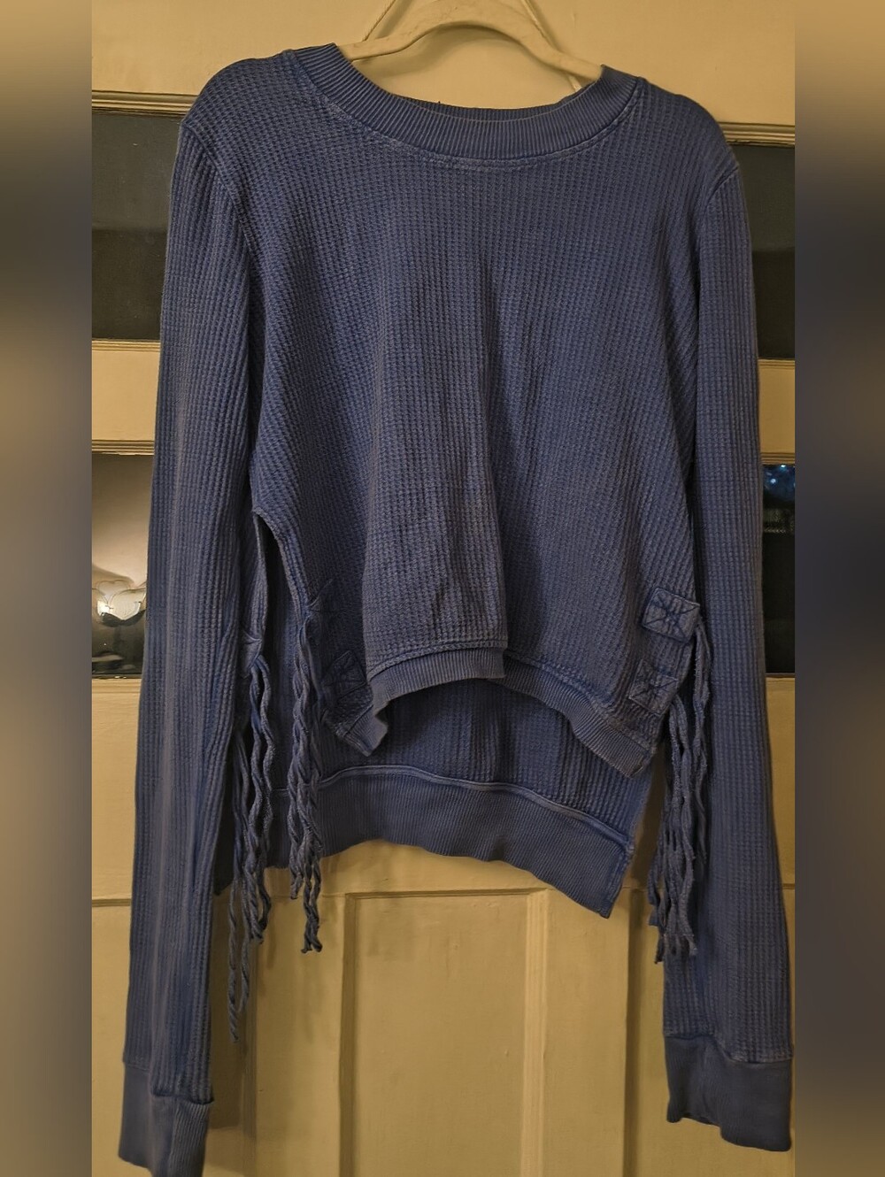 Free People One Interlaken Waffle Thermal Long Sleeve Top Size Large Blue